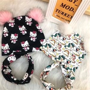 کلاه و گردنی پوم دار نخ پنبه دو لایه دخترانه کد 2250