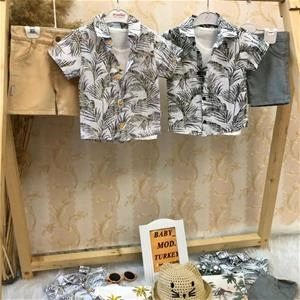 سه تیکه پیراهن هاوایی تیشرت و شلوارک کتان پسرانه ترک کد 3077