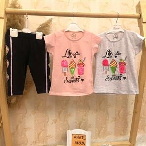 دو تیکه تیشرت شلوار برمودا بستنی دخترانه ترک کد 3398