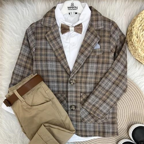 پنج تیکه چهارخانه  ترک کت و شلوار و کمربند پیراهن شلوار کتان ترک کد10354