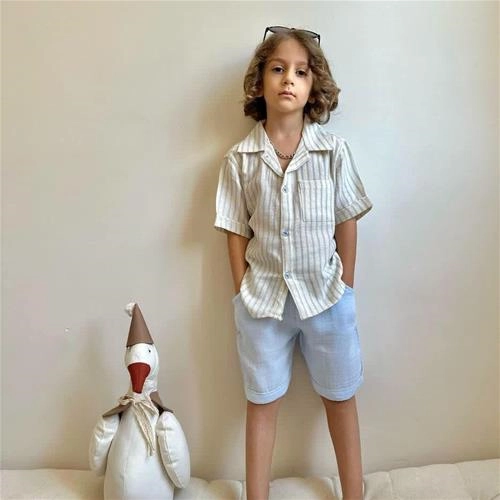 دوتیکه پیراهن راه راه و شلوارک موسلین ترک کد 18083