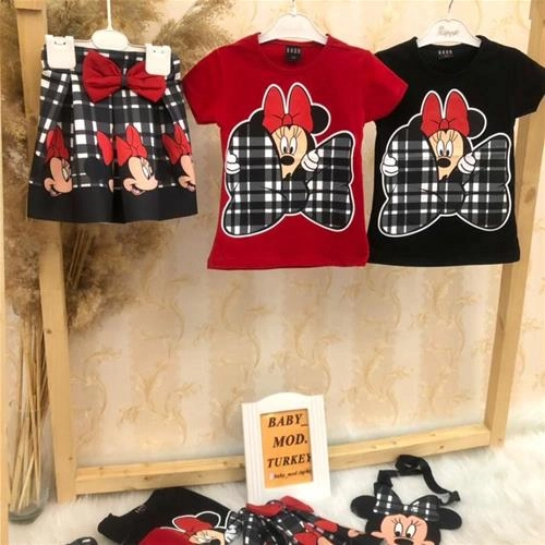 ست بلوز و دامن و کیف و تل دخترانه ترک میکی چهارخونه دخترانه ترک کد2744