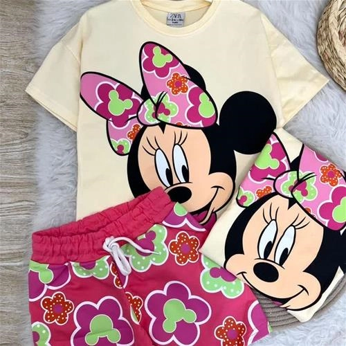 تکرار دو تیکه تیشرت شلوارک میکی گلدار زارا ترک کد 5937