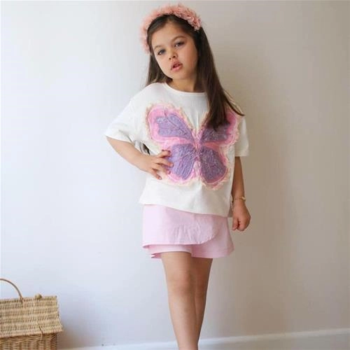 دوتیکه تیشرت پروانه برجسته و دامن شلوارکی جین ترک کد 18251