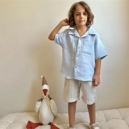 دوتیکه پیراهن جیبدار و شلوارک موسلین3تا10سال ترک کد 18084