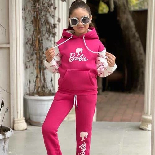 دو تیکه هودی شلوار کرکدار  ضخیم باربی دخترانه ترک کد 5328