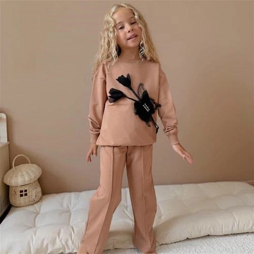 ست دوتیکه دورس شلوار دمپا پروانه و گل برجسته سه نخ ترک 5تا14سال کد 18412