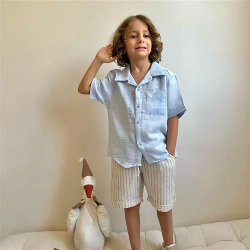 دوتیکه پیراهن جیبدار و شلوارک موسلین3تا10سال ترک کد 18084