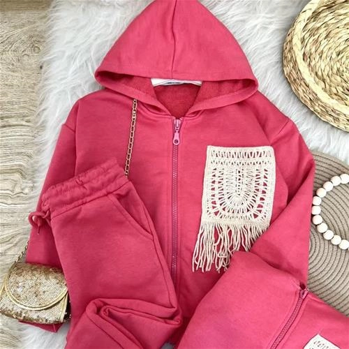 دوتیکه سوشرت شلوار 3نخ سرخابی قلاب بافی ترک کد10096