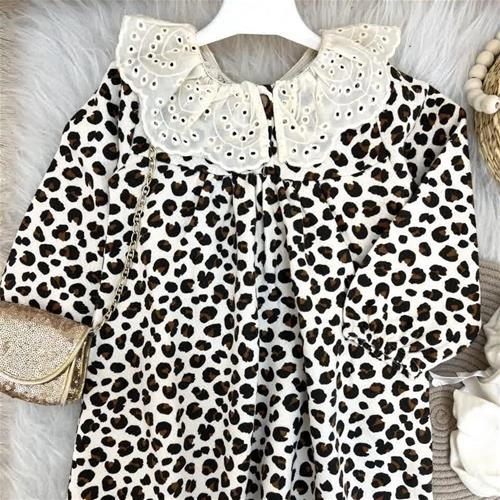 پیراهن دورس سه نخ پلنگی یقه خامه دوزی ترک کد 10371