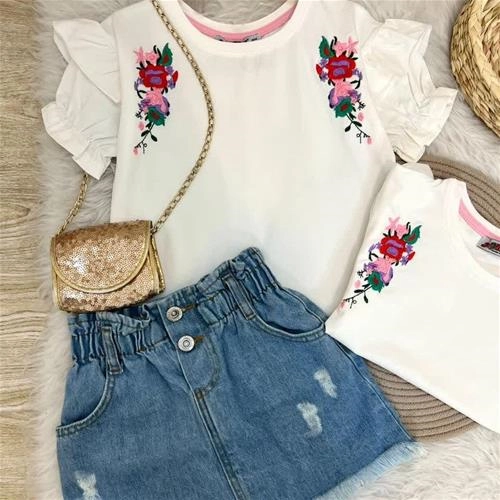 دو تیکه تیشرت گلدوزی و دامن جین ترک کد 5912