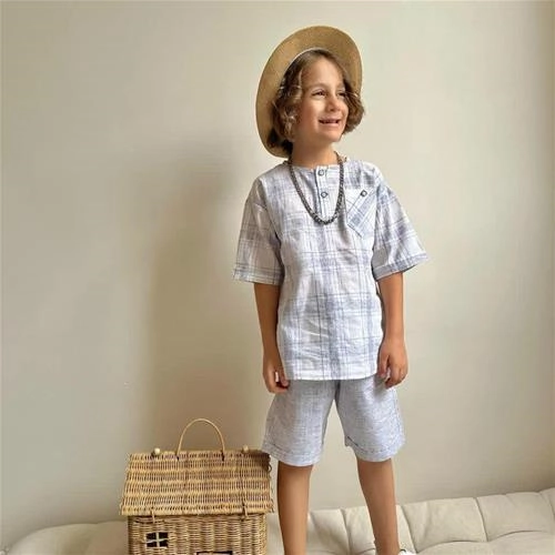 دوتیکه تیشرت شلوارک موسلین جیب دار دکمه دار ترک کد 18162