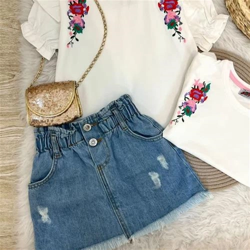 دو تیکه تیشرت گلدوزی و دامن جین ترک کد 5912