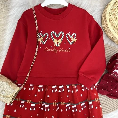 پیراهن  کرکدار خفیف استردار کریسمسی  ترک 4-7سال کد  10295