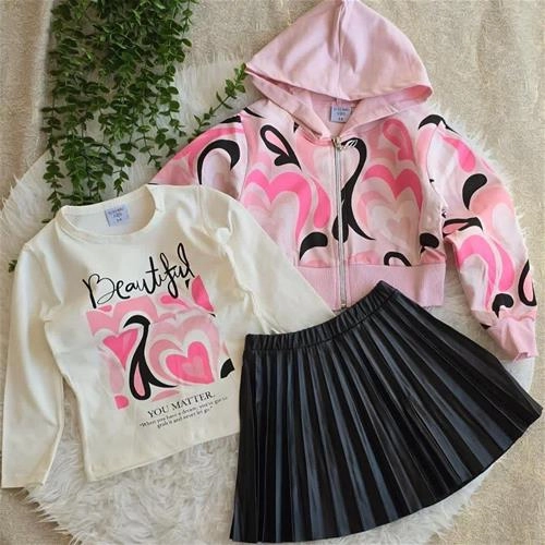 سه تیکه بلوز استین بلند و دامن و سویشرت قلبی ترک کد18287