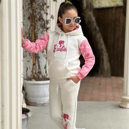 دو تیکه هودی شلوار کرکدار  ضخیم باربی دخترانه ترک کد 5328