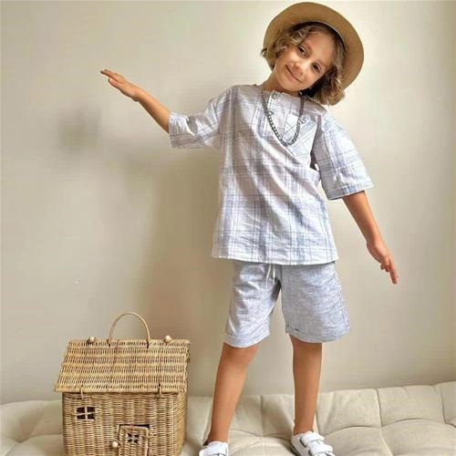 دوتیکه تیشرت شلوارک موسلین جیب دار دکمه دار ترک کد 18162