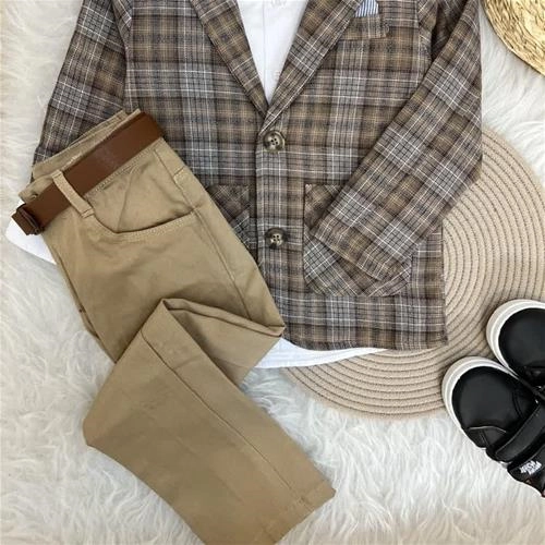 پنج تیکه چهارخانه  ترک کت و شلوار و کمربند پیراهن شلوار کتان ترک کد10354